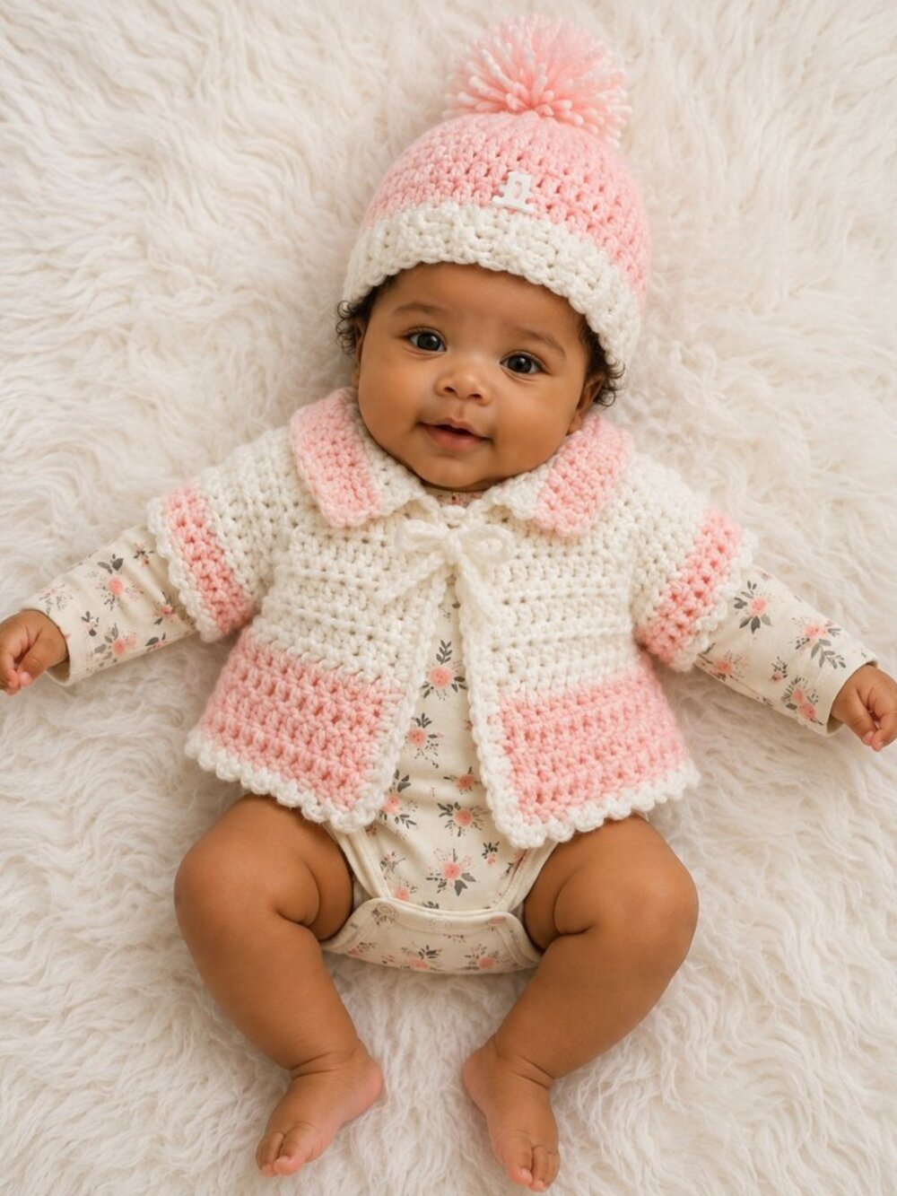Handmade Crochet Baby Girl Set 0-3M Peach & White | Fall Winter Outfit